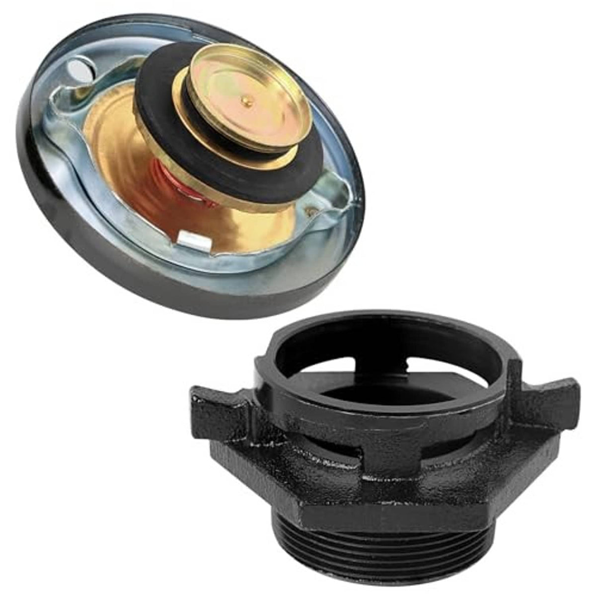Black vented fuel transfer cap with brass insert and threaded outlet
