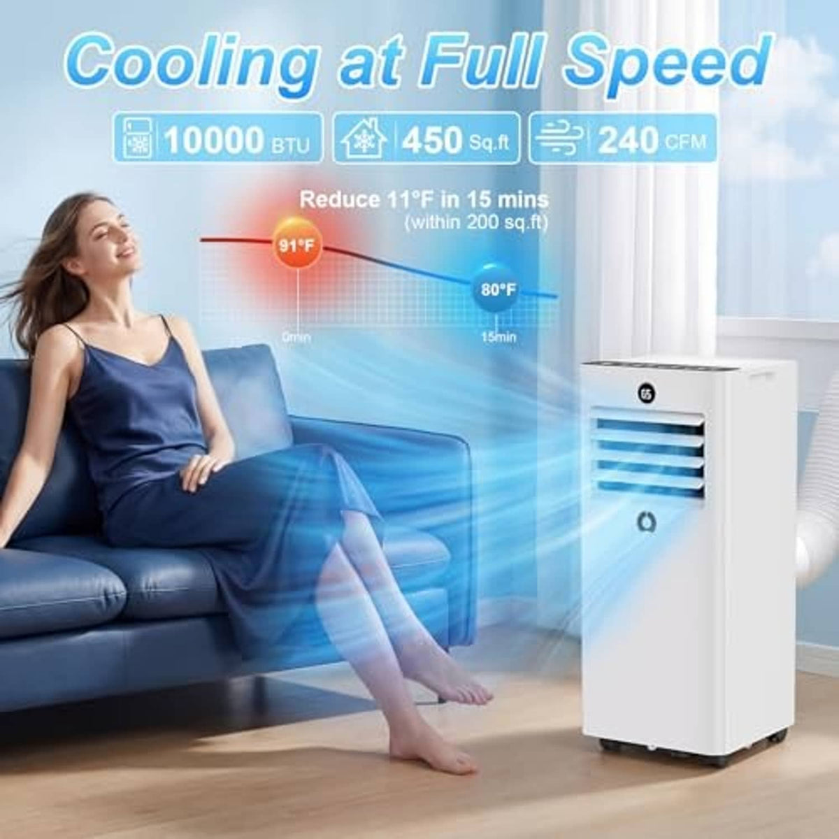 White portable air conditioner near a couch in a bright room, cooling airflow shown