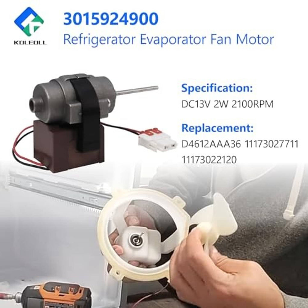 Refrigerator evaporator fan motor with white wiring connector and gray metal shaft