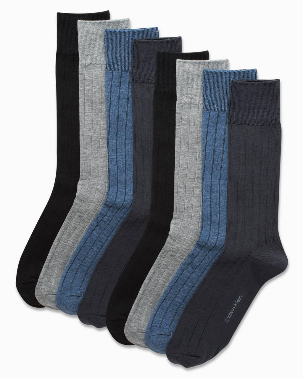 Men's 8-pack crew socks in black, blue, and gray with ribbed cuff and knit texture