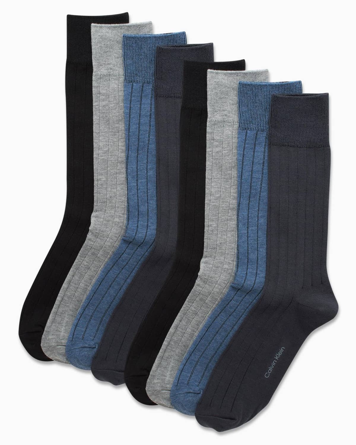 Men's 8-pack crew socks in black, blue, and gray with ribbed cuff and knit texture