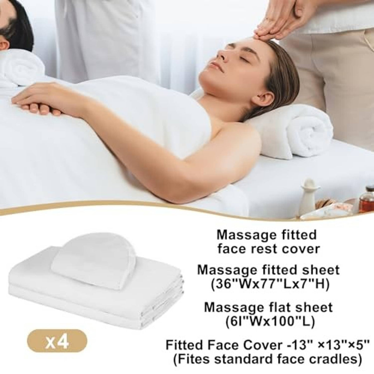 White massage table sheets set with fitted face cover and flat sheet, 3-piece