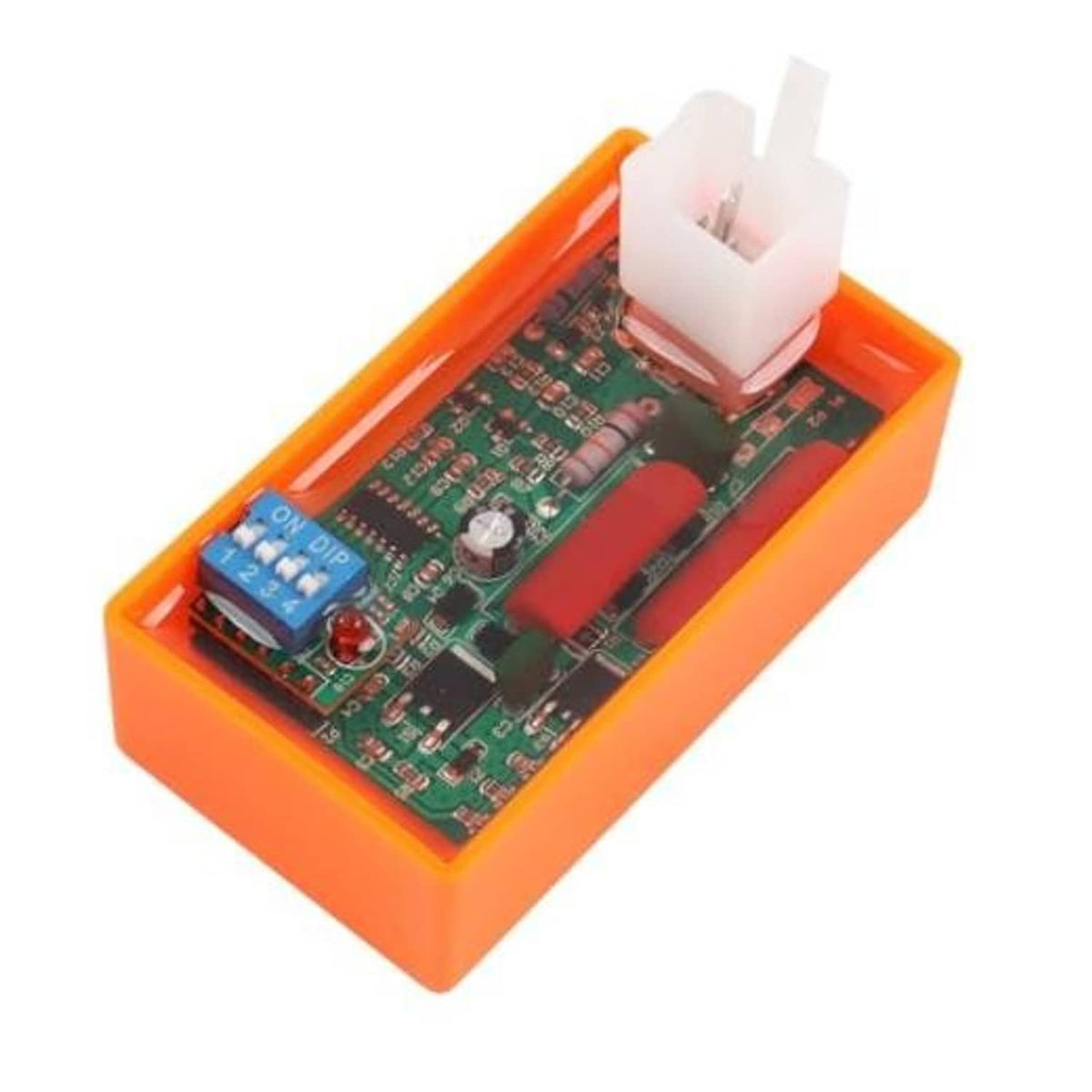 Orange 5-pin AC CDI ignition module with DIP switch and wiring connector
