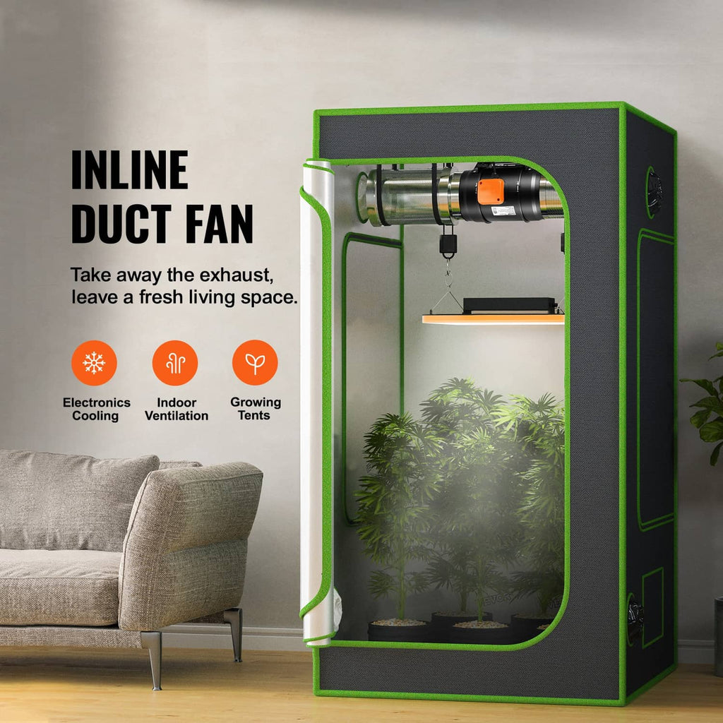 Inline duct fan installed in a green grow tent, black fan housing