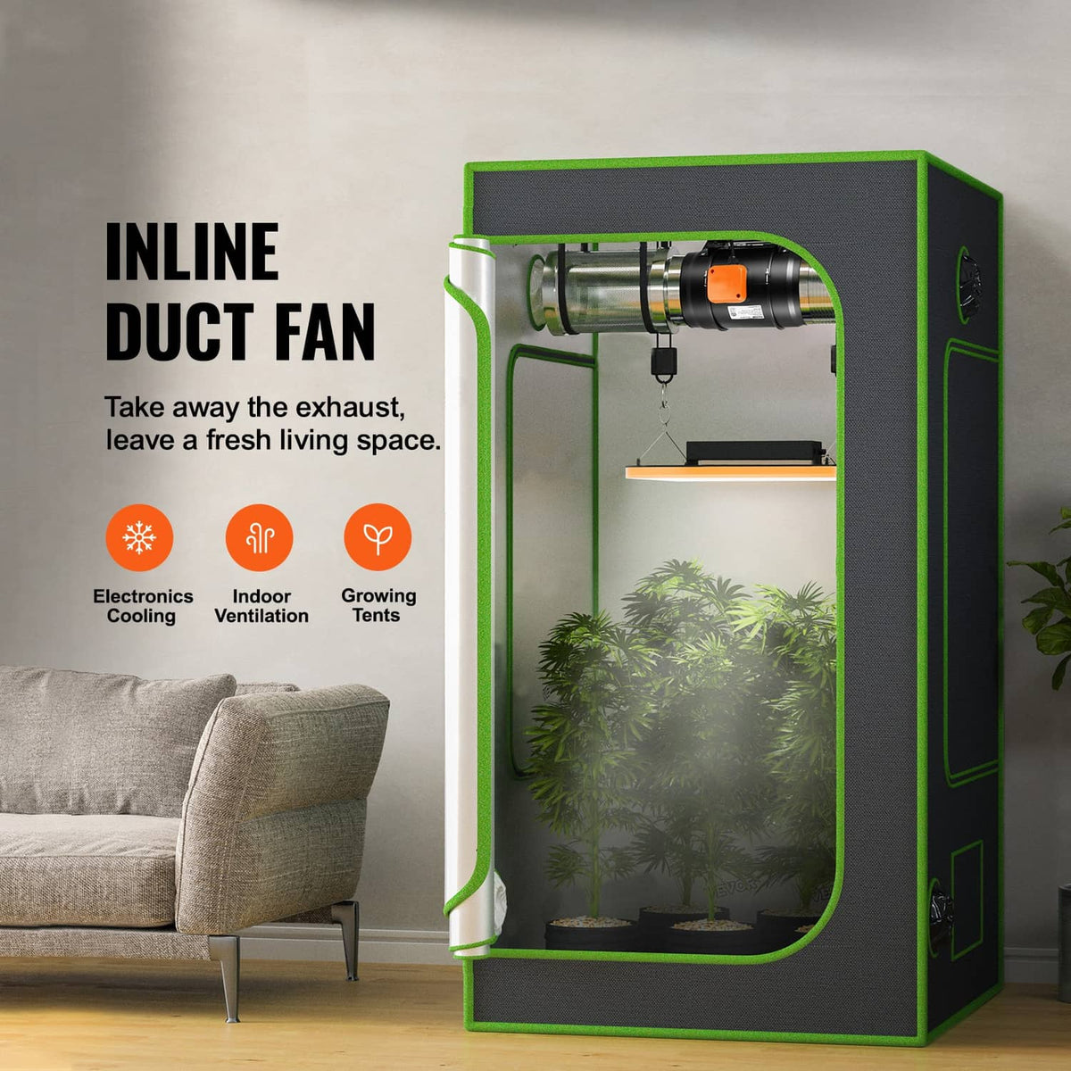 Inline duct fan installed in a green grow tent, black fan housing