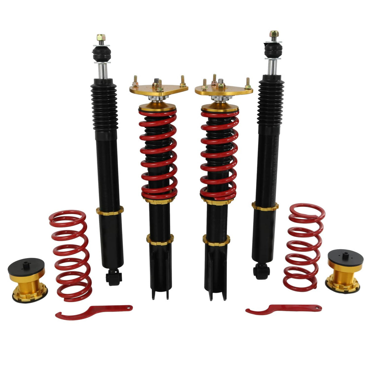 Pair of coilover struts with red springs, gold adjustment caps, and black bodies