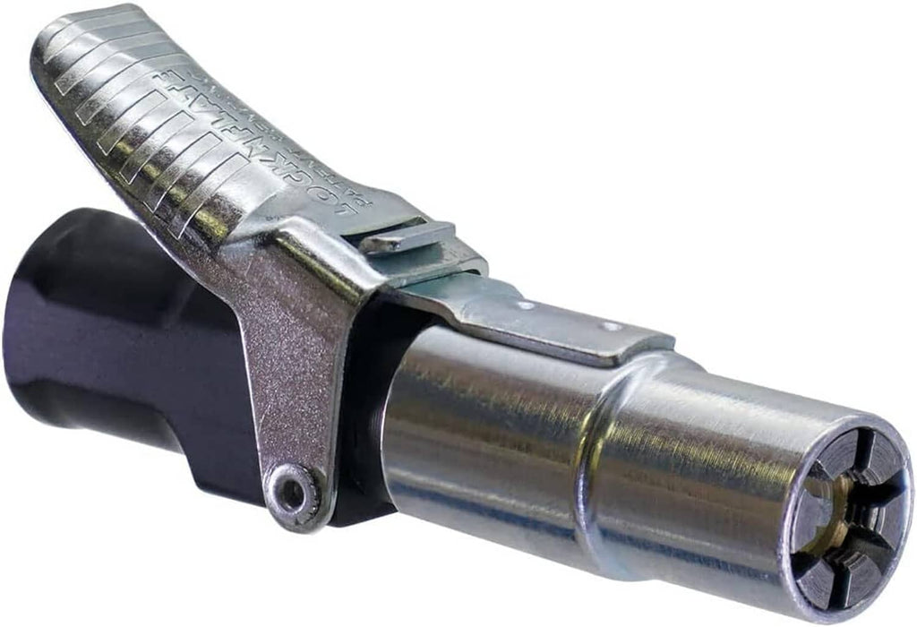 Steel tire inflator connector with black grip and silver locking sleeve