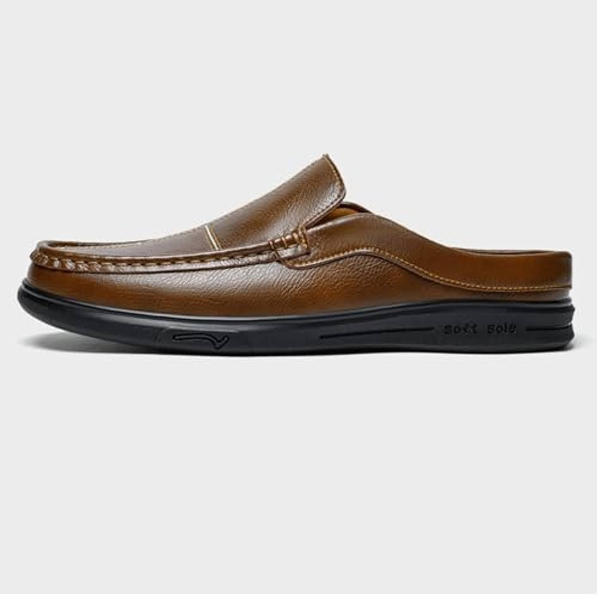Brown leather slip-on mules with low-profile sole and moc-toe seam stitching