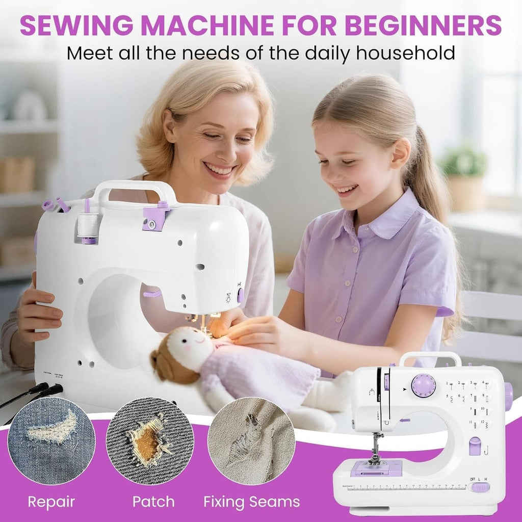 Mini portable sewing machine for beginners shown with parent and child stitching