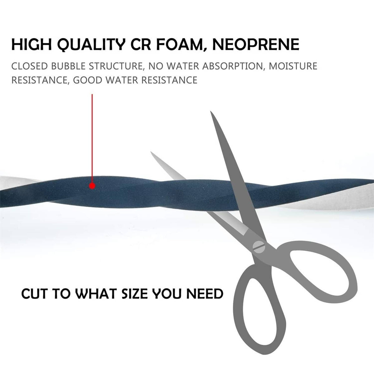 Black foam seal tape strip with cutting guide and scissors illustration