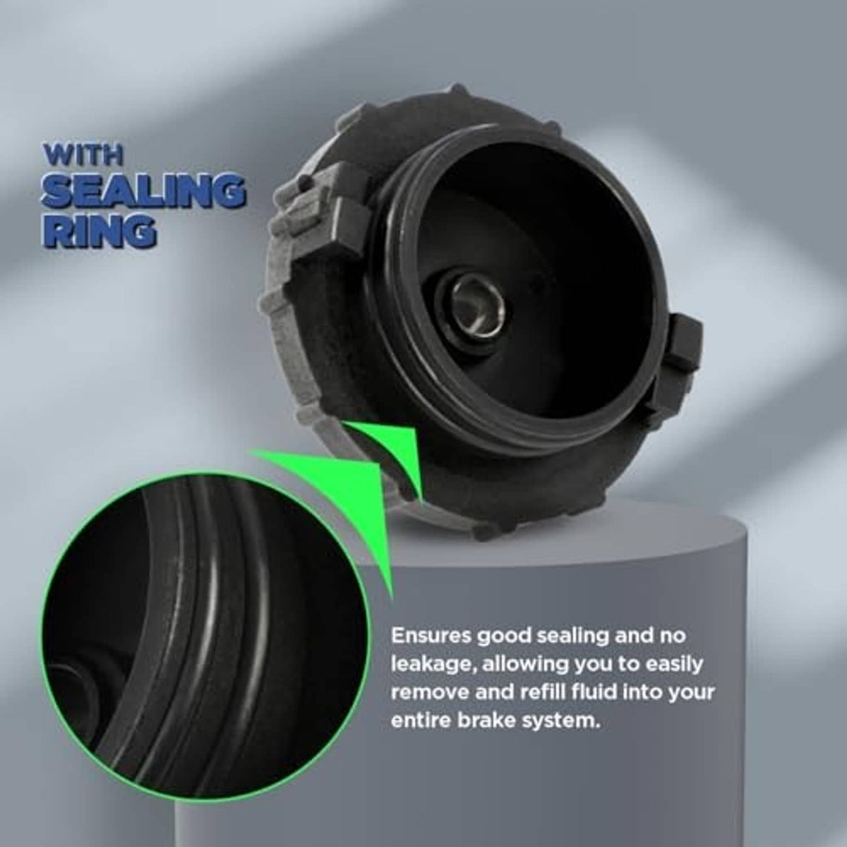 Brake bleeder adapter with sealing ring and side view, black outer housing