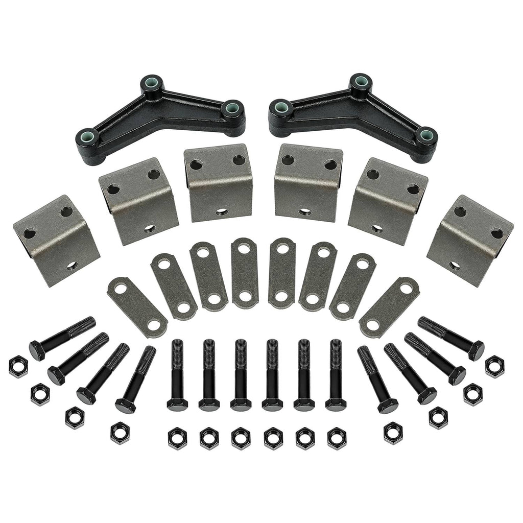 Leaf spring hanger kit with black U-links, gray brackets, bolts, and steel mounting plates