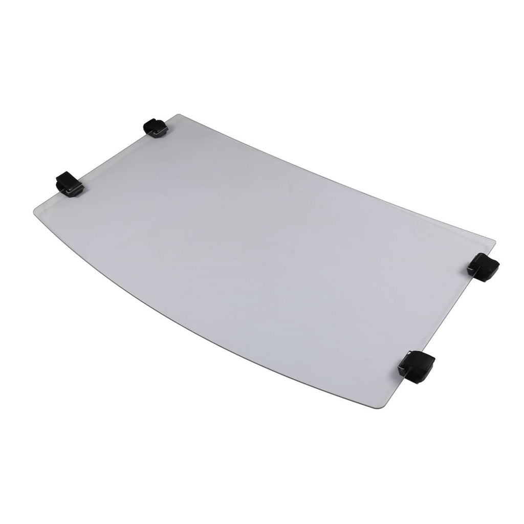 Front windshield panel with black mounts, clear tinted plastic sheet with slanted shape.
