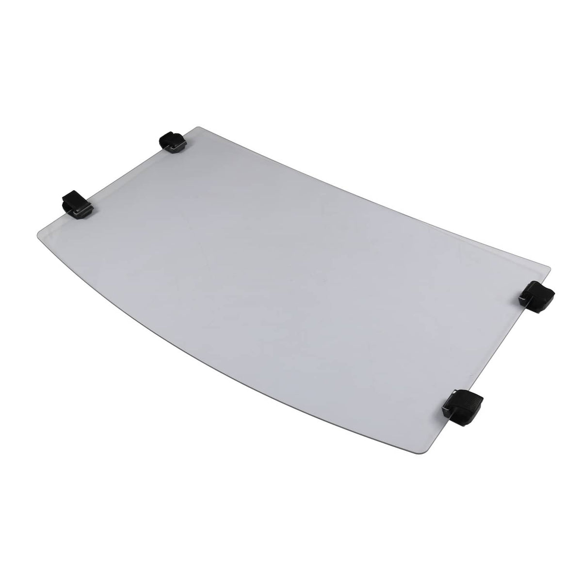 Front windshield panel with black mounts, clear tinted plastic sheet with slanted shape.