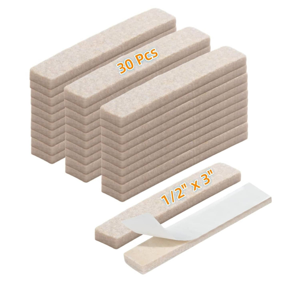 Beige rectangular adhesive felt furniture floor pads, multiple pieces shown