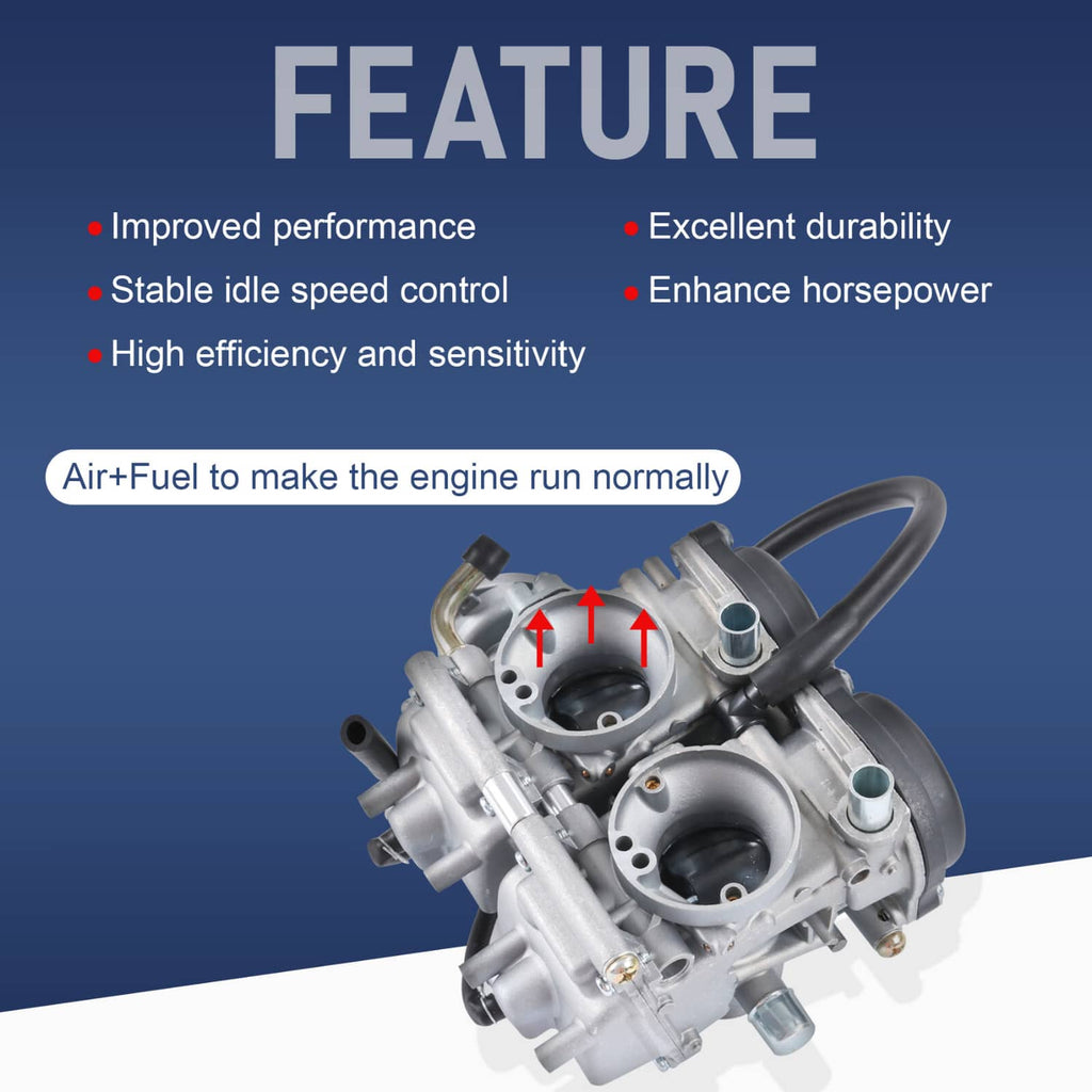 Dual carburetor assembly angled view with fuel lines and intake fittings