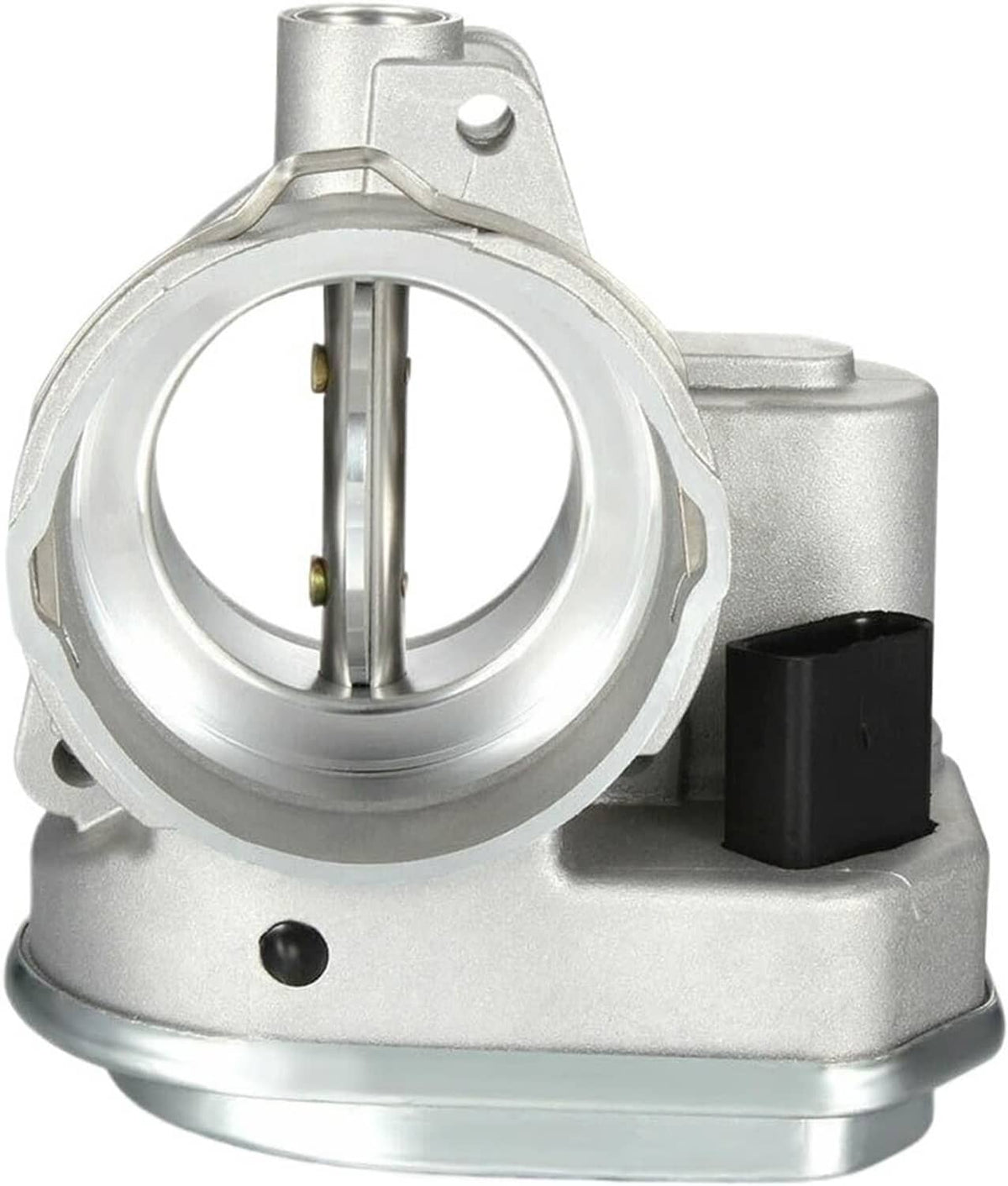 Silver throttle body with round valve bore and black electrical connector
