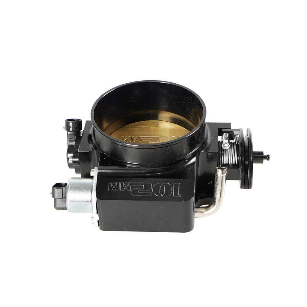 102mm throttle body with gold interior bore, compact black housing