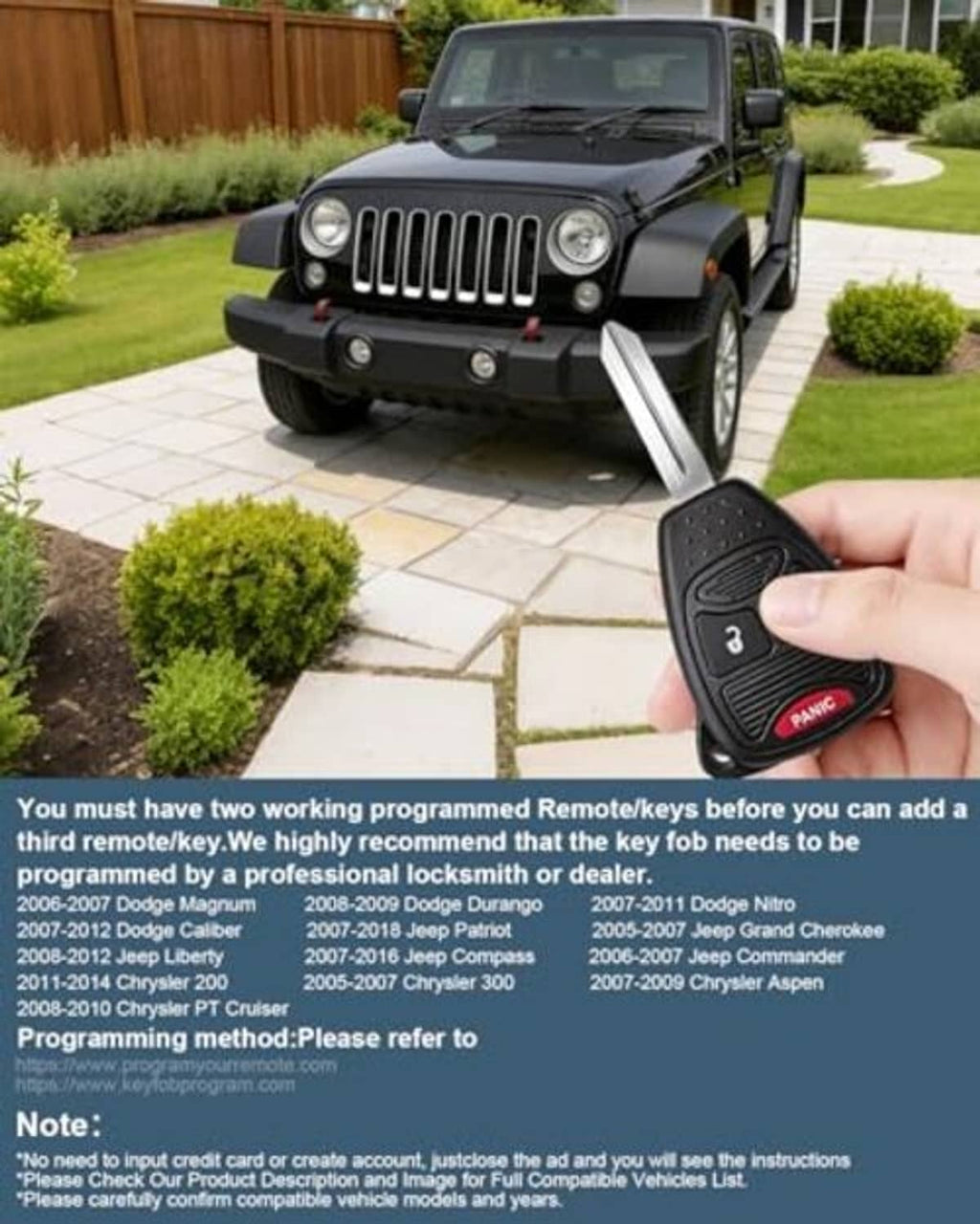Black remote key fob in hand with metal blade and red Panic button