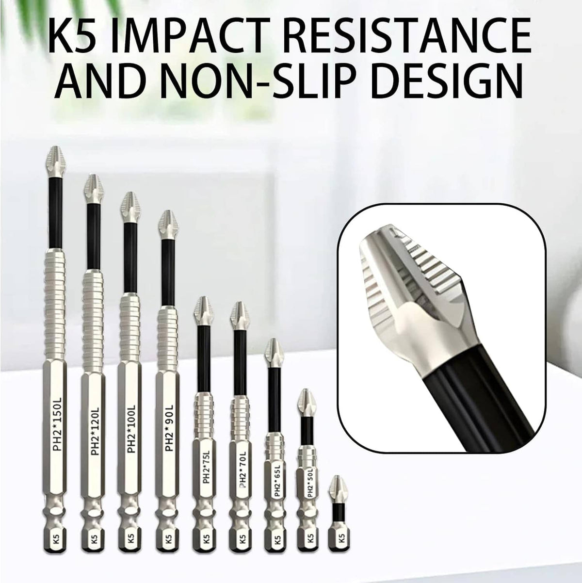 Impact resistant magnetic bit set with black shafts and silver ribbed tips, non-slip design