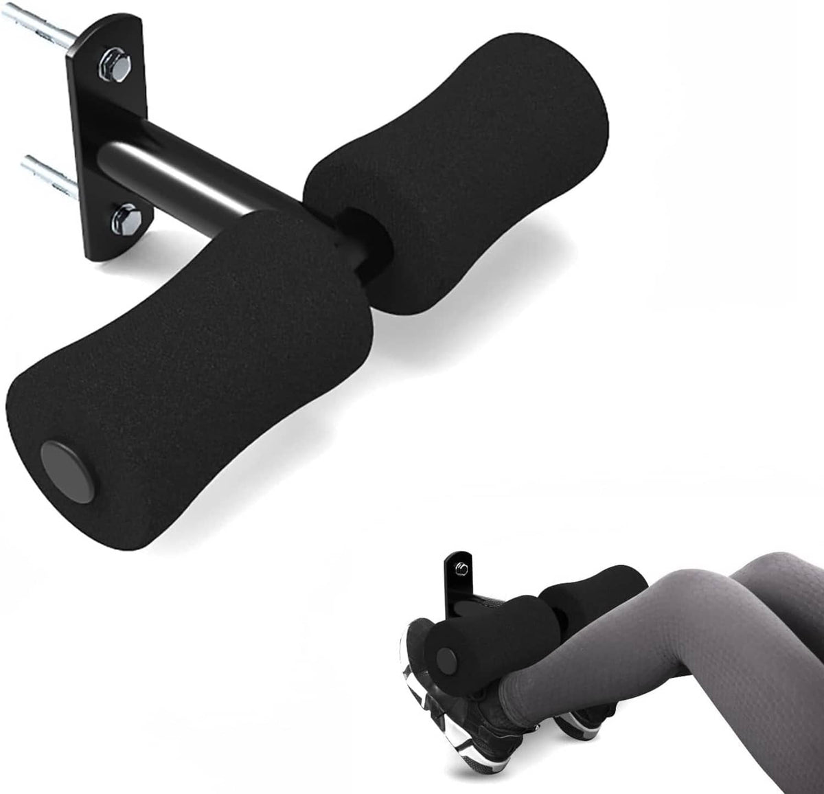 Black foam foot holder for sit-ups with wall bracket and silver support bar.