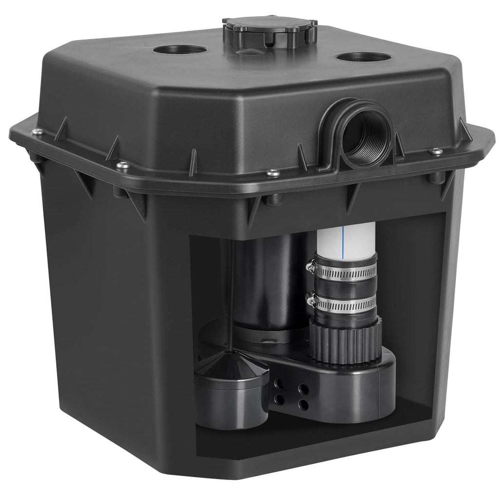 Laundry sink drain pump system with open housing and integrated motor assembly, dark gray