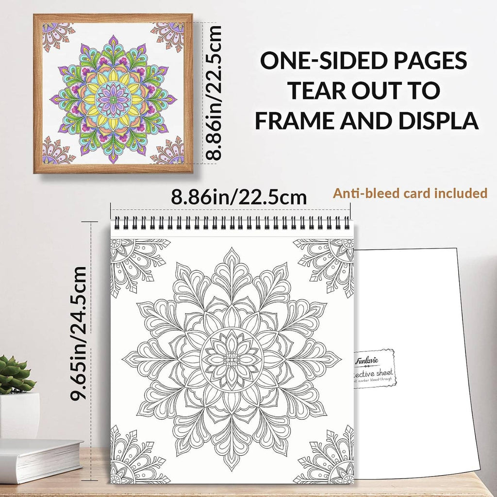 Square mandala coloring book page with large floral line-art mandala, spiral binding.