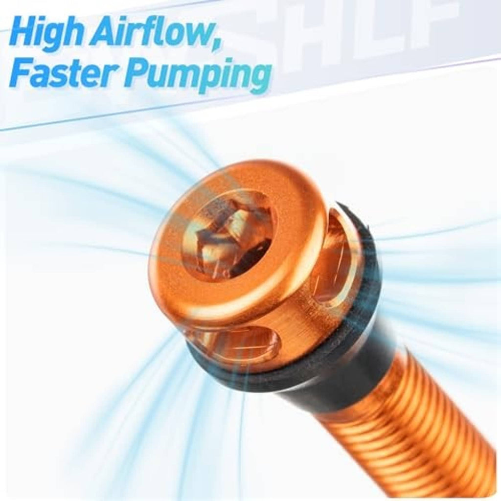 Orange Presta valve stem cutaway showing airflow through internal channel
