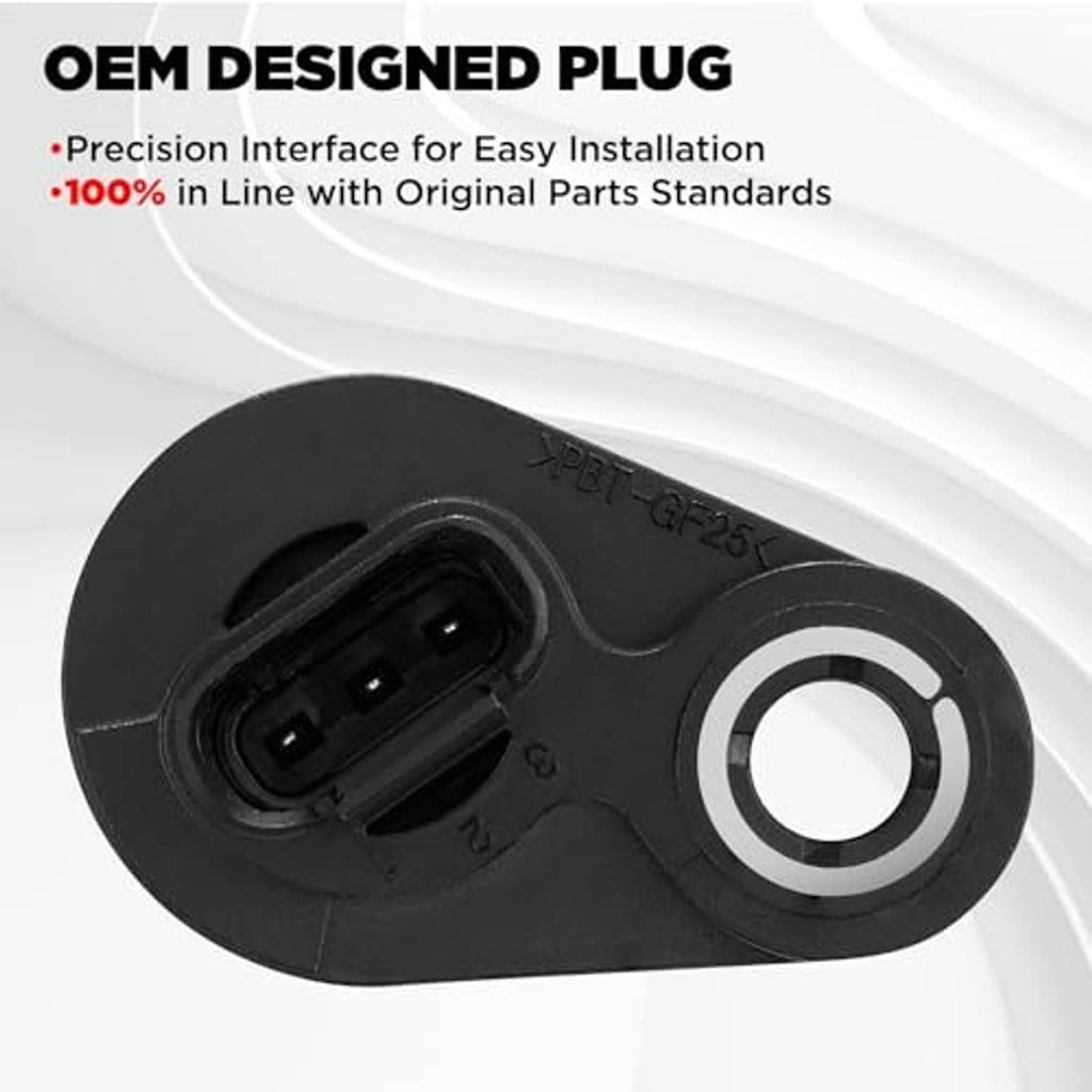Black camshaft position sensor with electrical connector and circular mounting opening