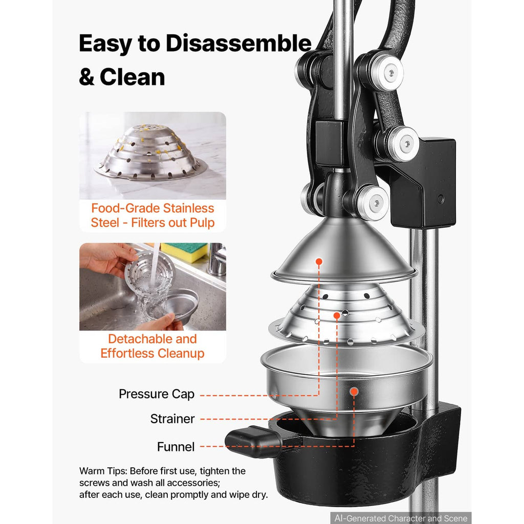 Manual citrus juicer press with detachable parts and stainless steel pressing cup