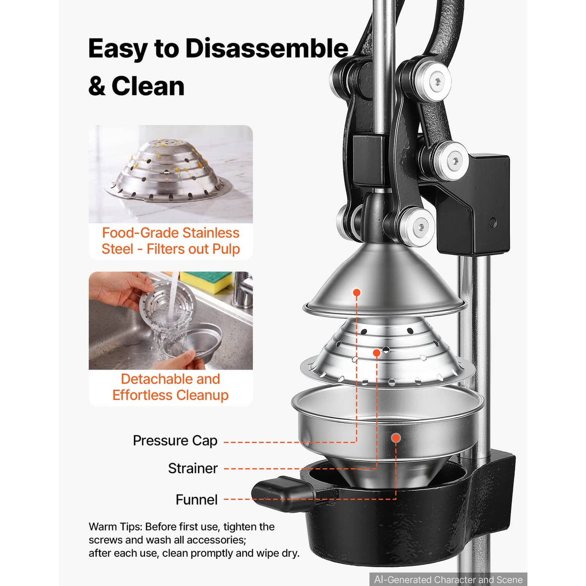 Manual citrus juicer press with detachable parts and stainless steel pressing cup