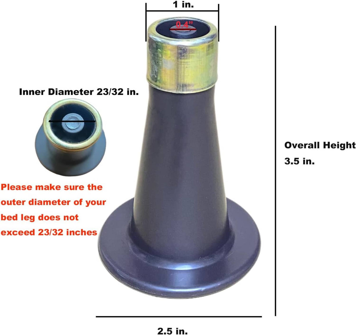 Reinforced bed frame replacement foot with dark conical stem, flanged base, and yellow cap
