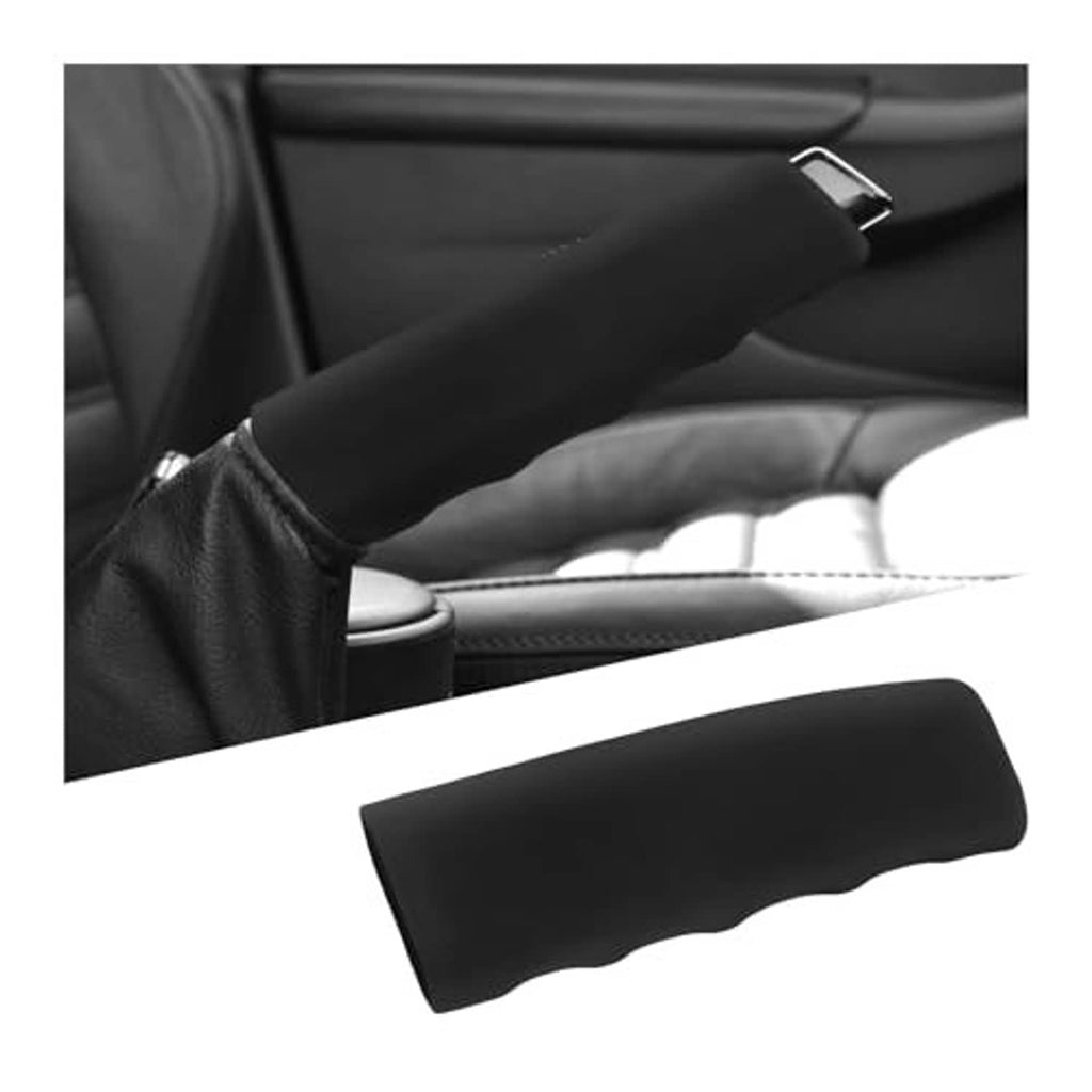 Black waved handbrake cover installed on car center console, protective sleeve