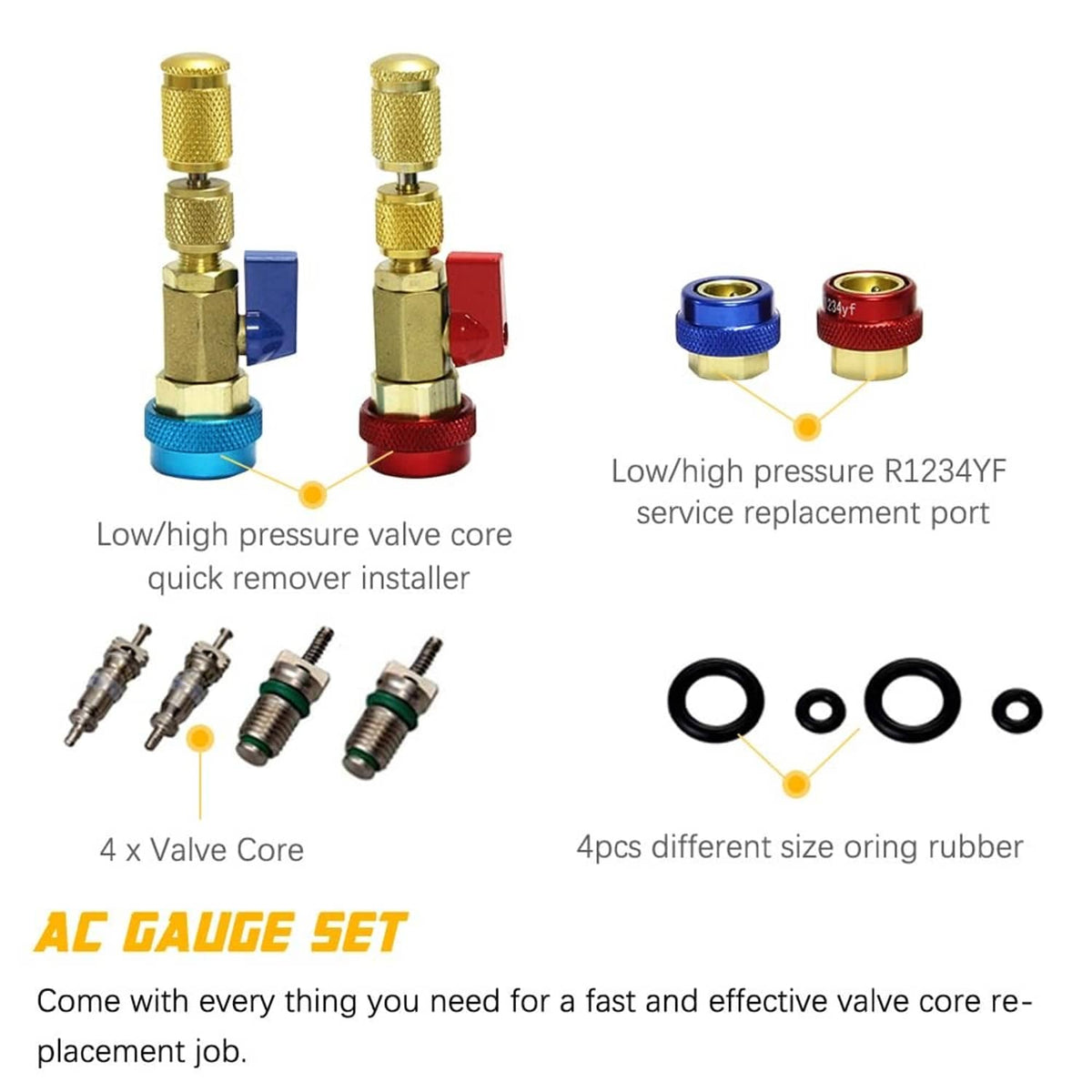 Low/high pressure valve core quick remover installer set with service ports and O-rings