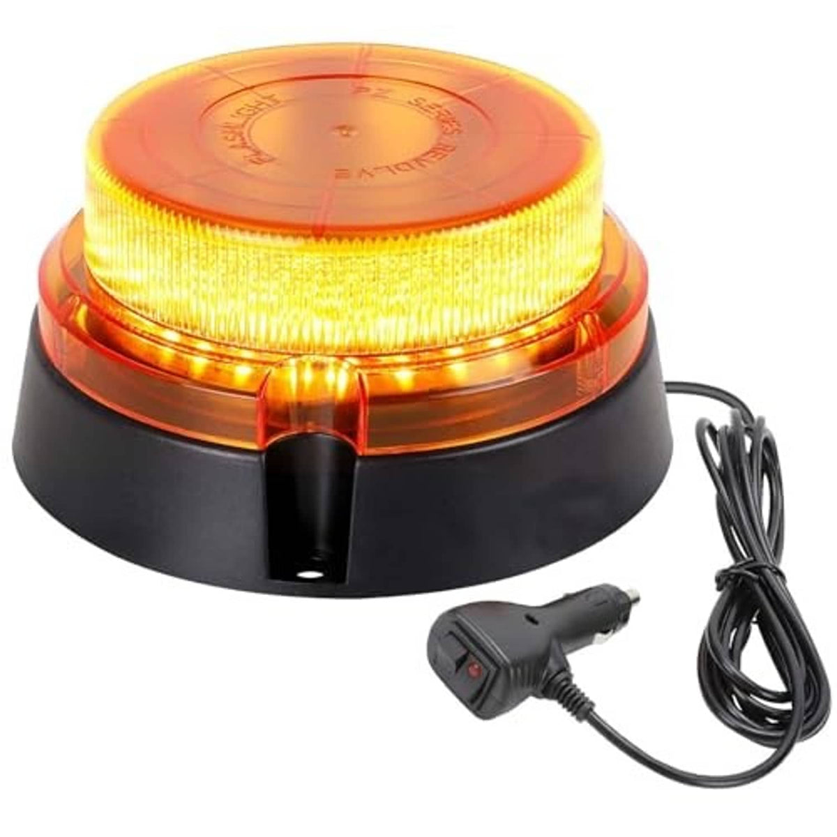 Amber LED rooftop warning beacon light with black housing and attached power cable