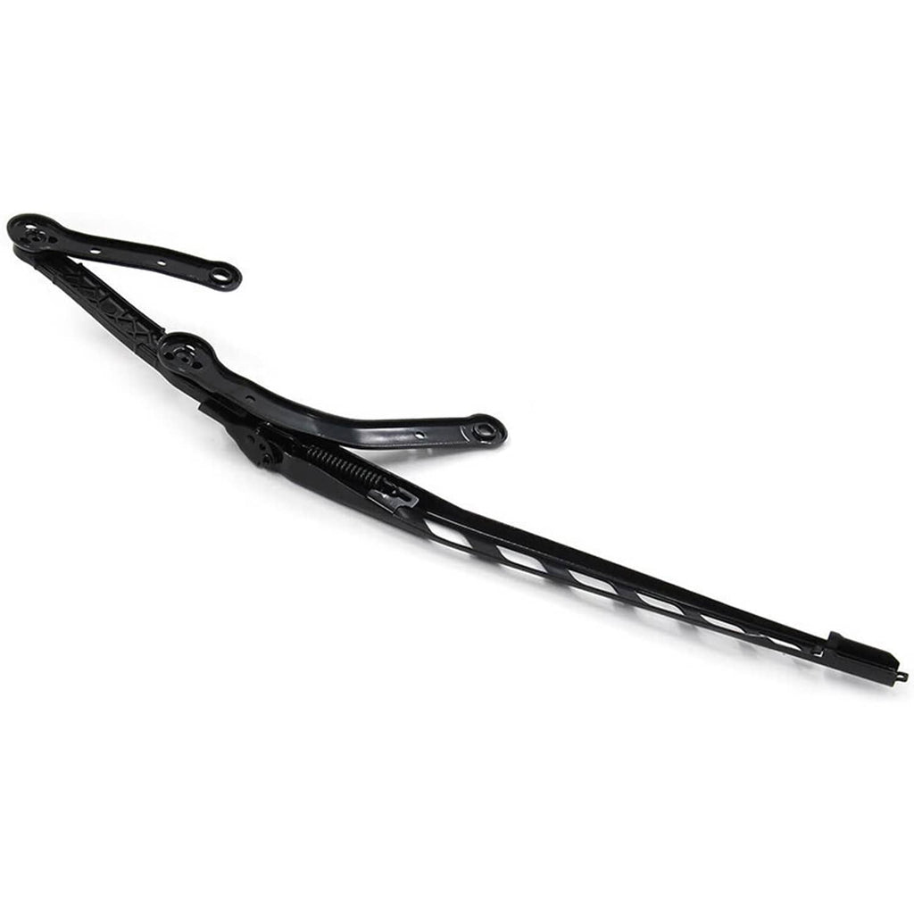 Black windshield wiper arm assembly with curved support and pivot bracket, angled