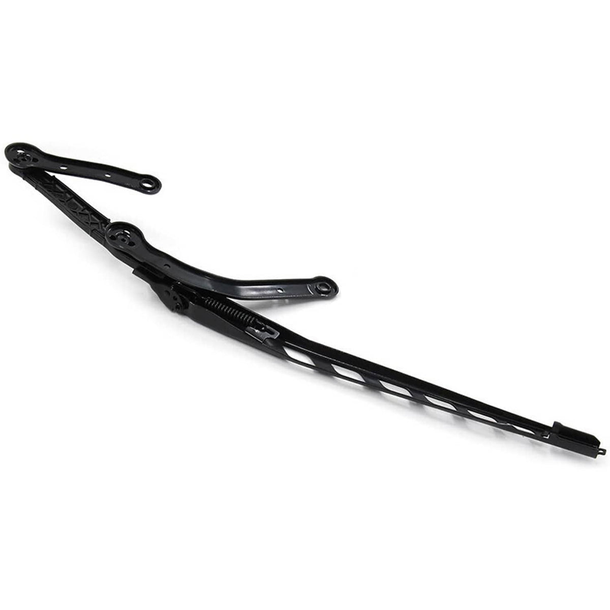 Black windshield wiper arm assembly with curved support and pivot bracket, angled