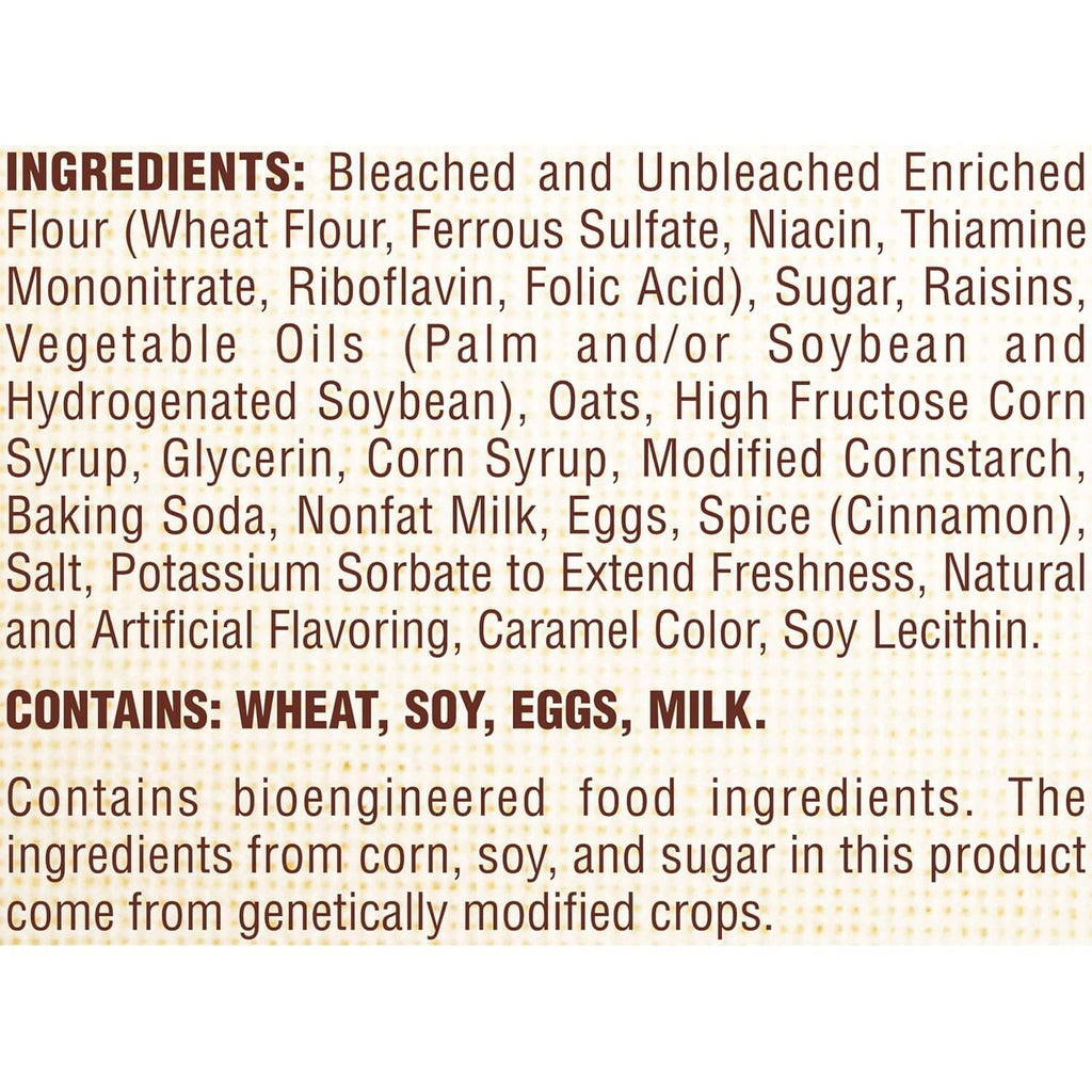 Ingredients label for oatmeal raisin cookies with allergen and bioengineered notice