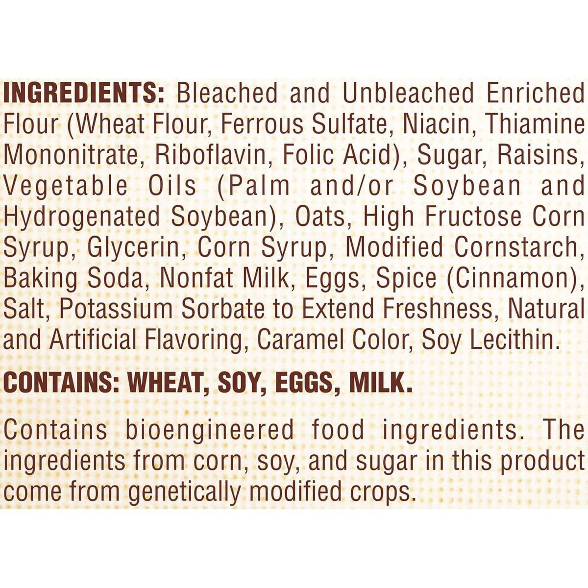 Ingredients label for oatmeal raisin cookies with allergen and bioengineered notice