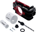 Door lock installation jig kit with red/black clamp base, hole saw, screws, and drill bit