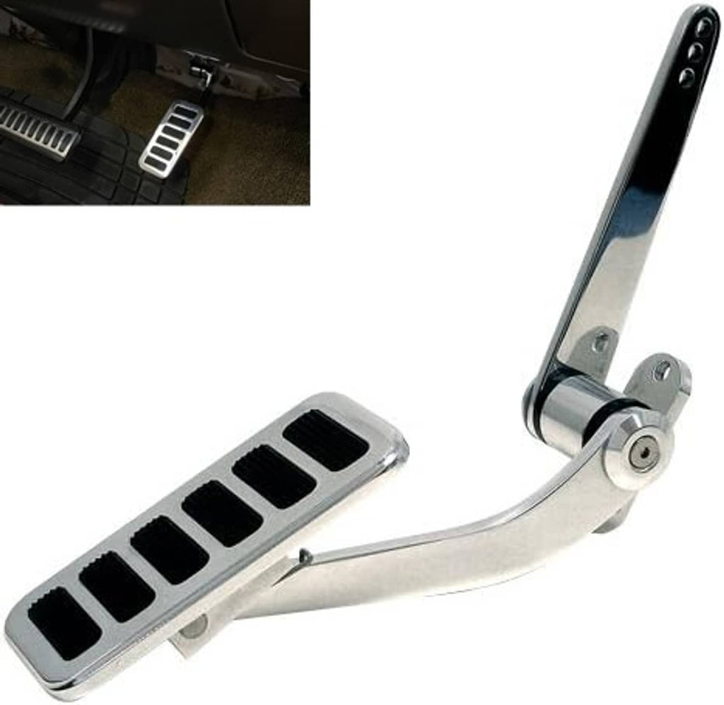 Aluminum gas pedal with black non-slip rubber foot pad and polished mounting arm
