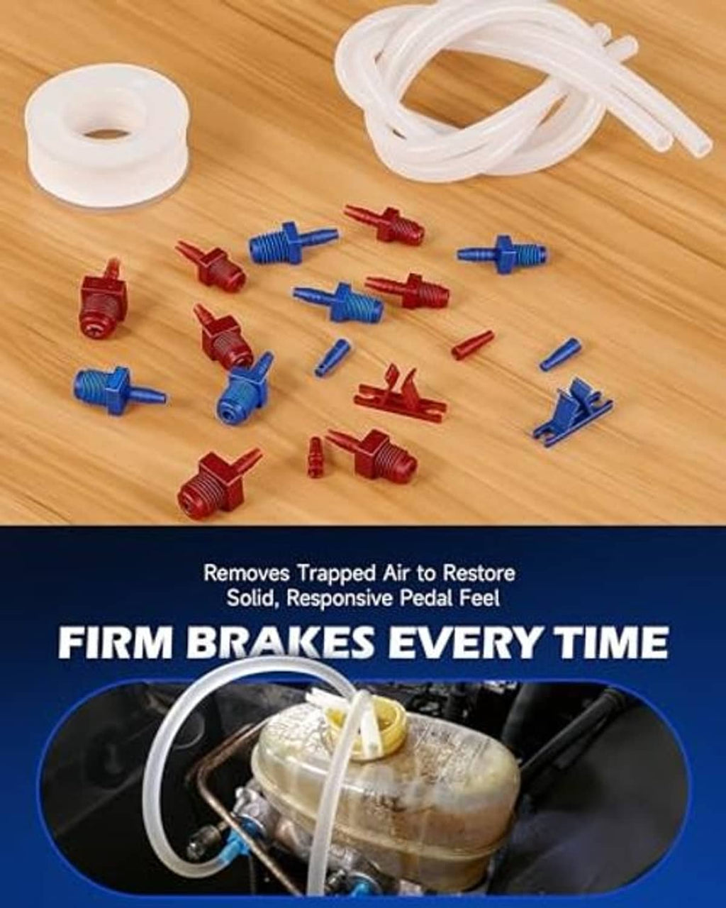 Brake bleeder kit with clear tubing, red and blue tees, and multiple fittings