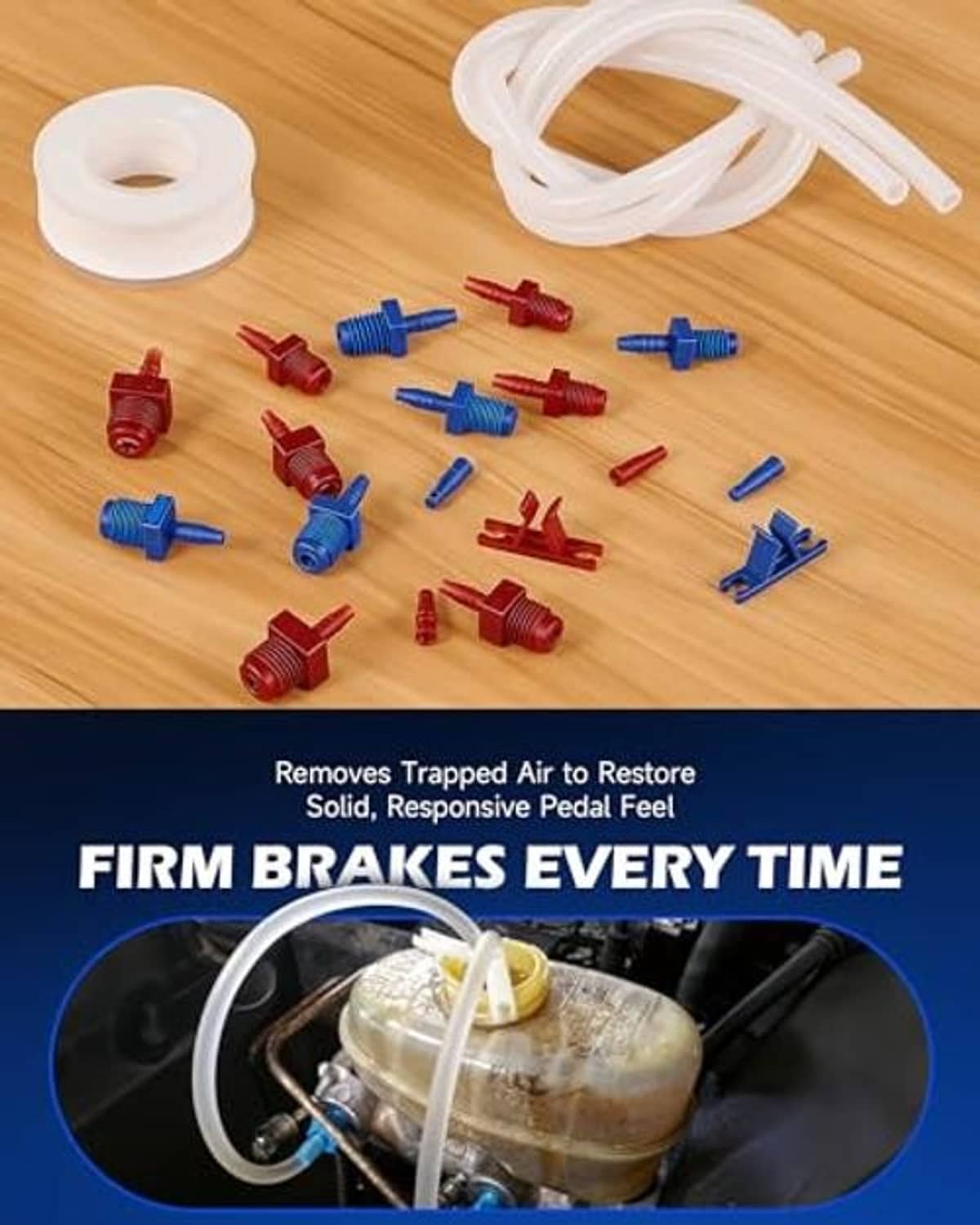 Brake bleeder kit with clear tubing, red and blue tees, and multiple fittings