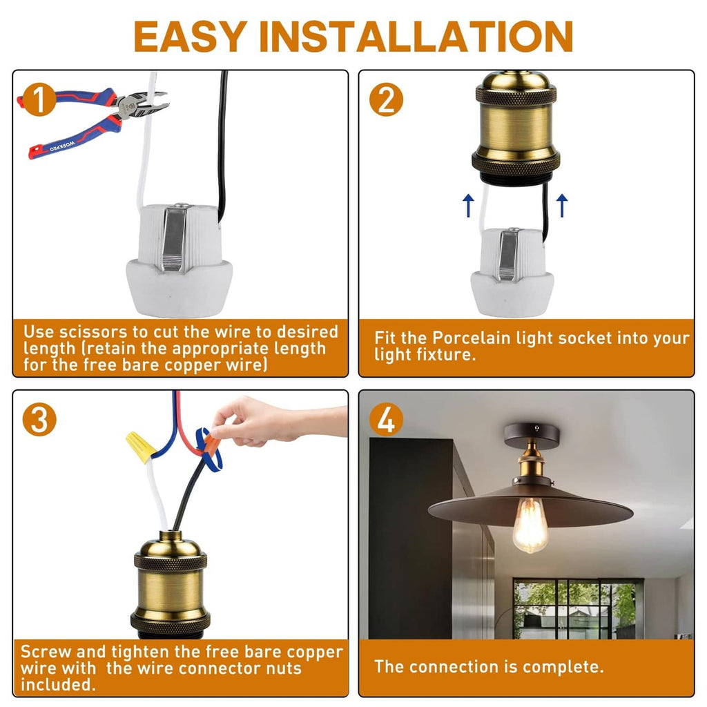 Grey E26 porcelain socket shown during installation with wiring and connector nuts