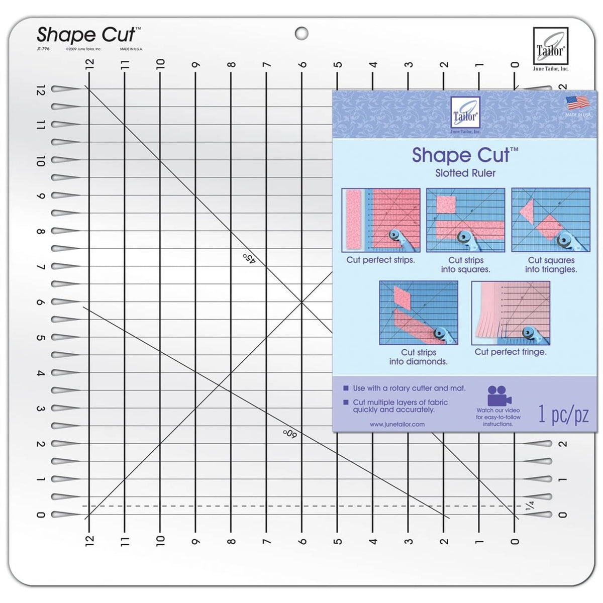 Transparent Shape Cut ruler with measurement grid, diagonal guides, and slot edges