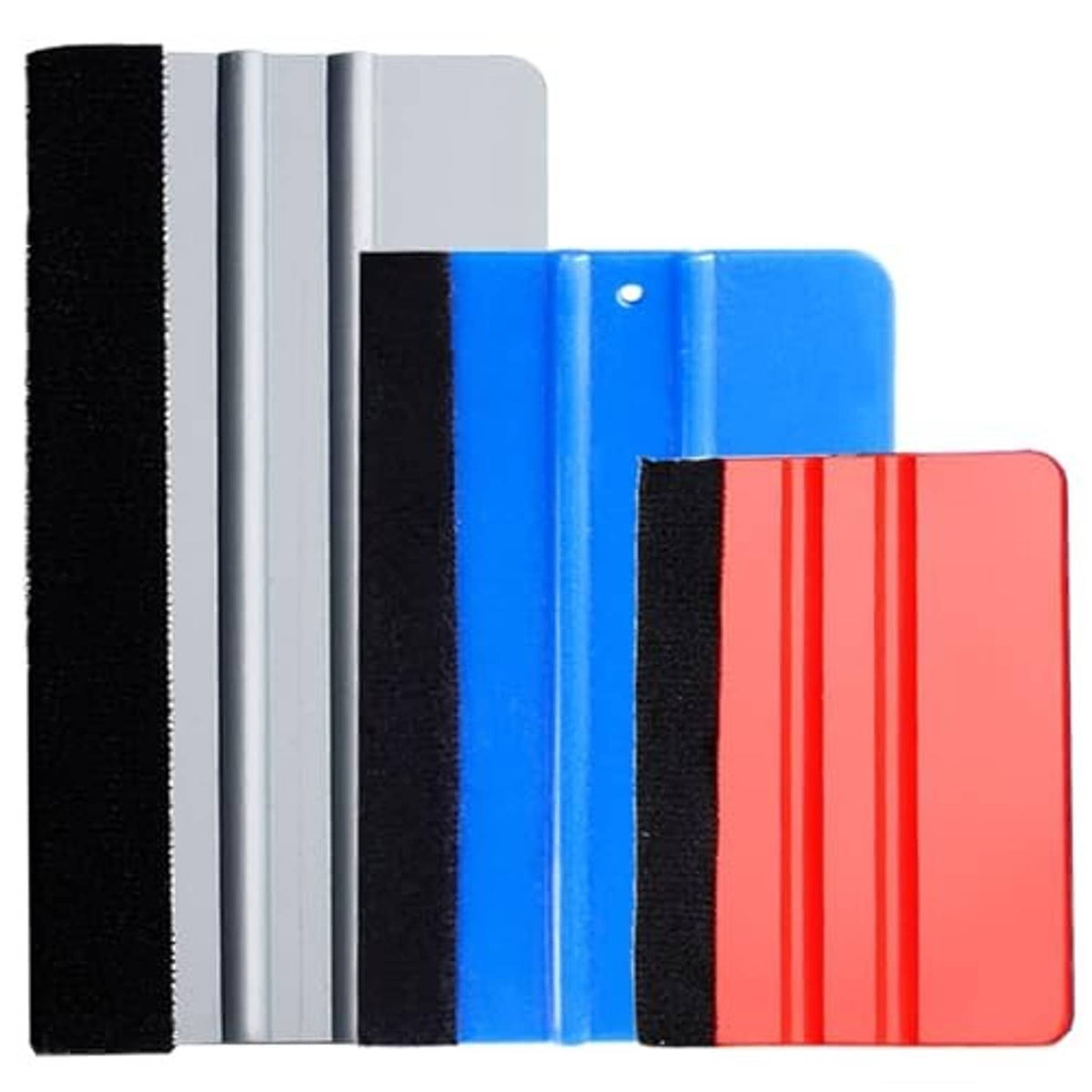 Felt vinyl wrap squeegee set with blue and light gray blades plus red handle section