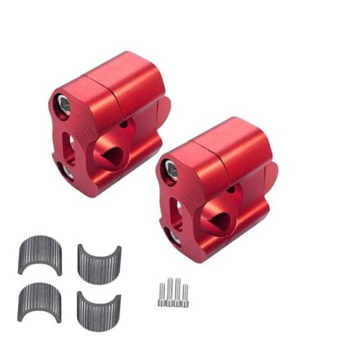 Red CNC motorcycle handlebar riser clamps with mounting holes and included inserts
