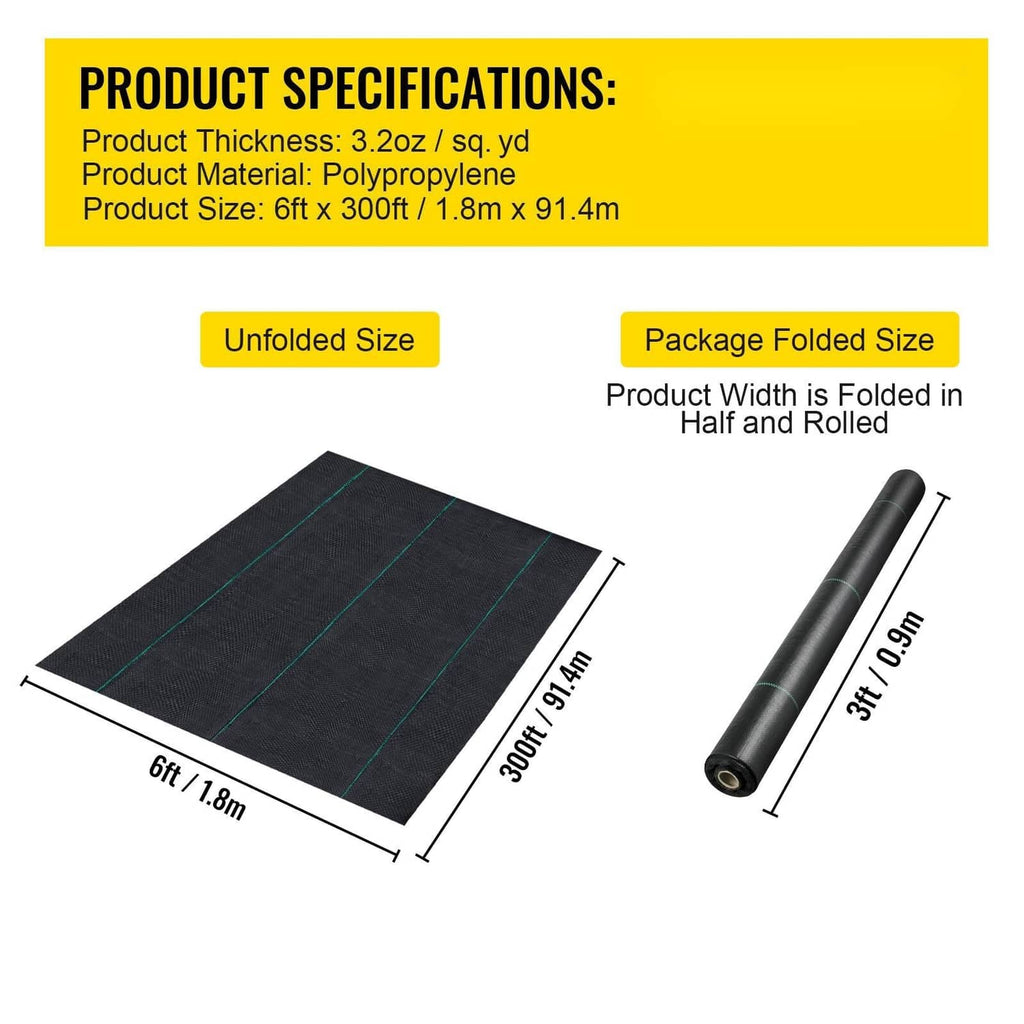 Black weed barrier fabric sheet with green stripes and rolled size diagram