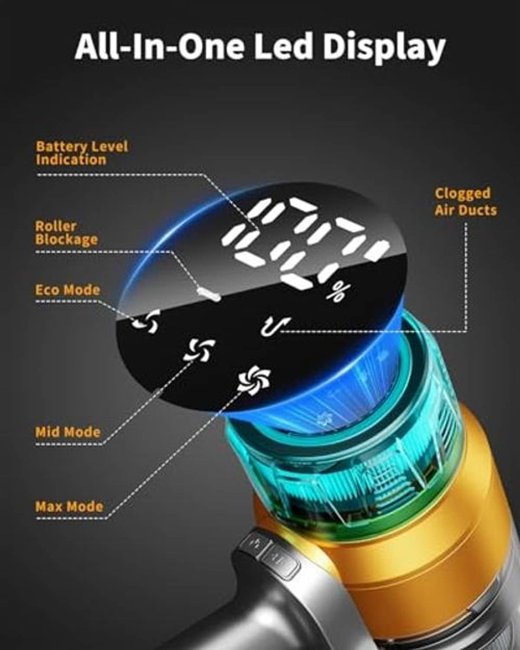 Cordless stick vacuum cleaner with teal-lit canister and digital mode display