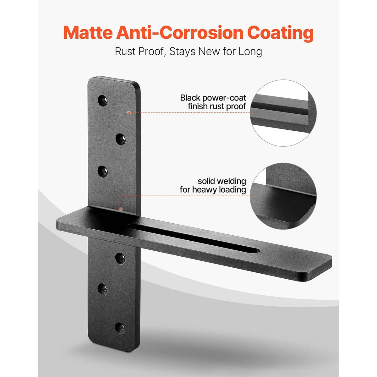 Matte black shelf brackets with anti-corrosion coating and solid welded joints